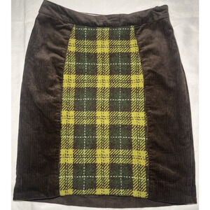Anthropologie MAEVE Brown Corduroy & Lime Plaid Swathe Pencil Retro Skirt Size 4